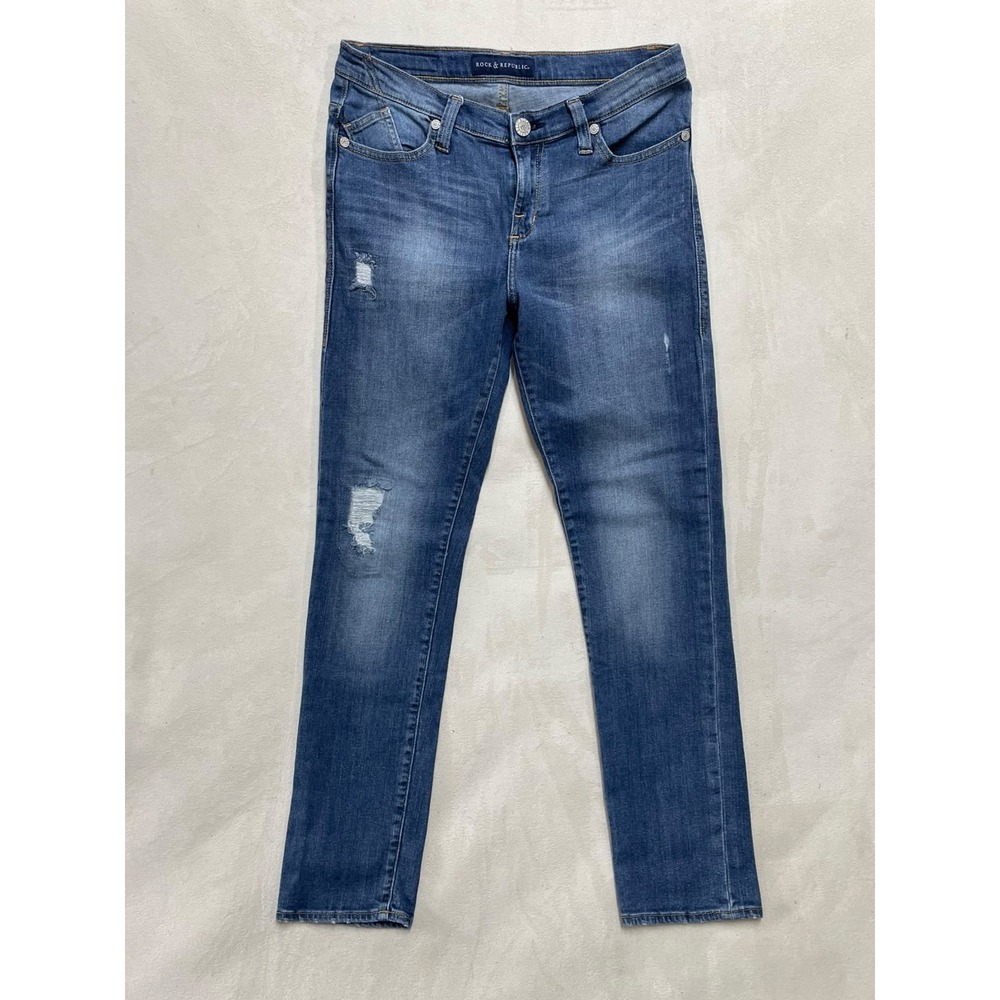 Rock & Republic Womens Distressed Blue Denim Straight Leg Jeans Size 31x28